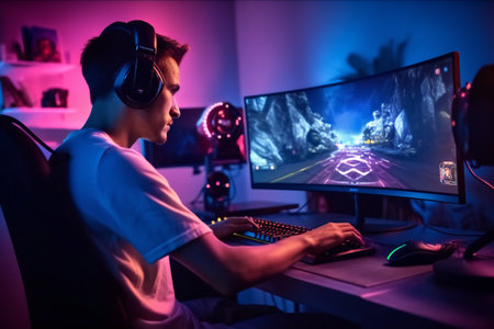 Young gamer plays online video games. Young people are interested in games with new technologiesの素材