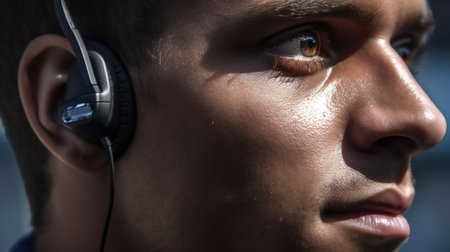 Profile Shot Of Serious Young Man Listening Music In Earphones, Side View Portrait Of Handsome Guyの素材