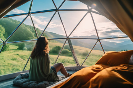 Woman after waking up in the morning. Woman looking at a beautiful nature view outside the tentの素材
