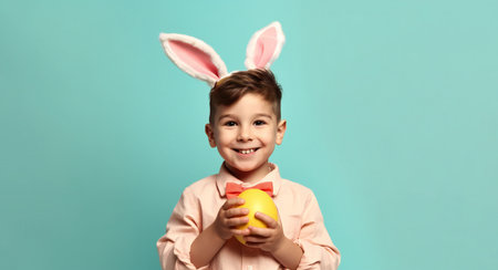 Smile boy wearing bunny ears holding yellow Easter egg on green backgroundの素材