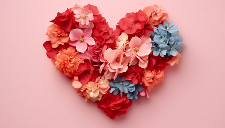 floral heart shape. modern background with red paper flowers. romantic Valentine's adの素材