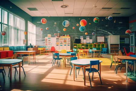 A classroom perfectly set up for the first day of school features desks, chairs and a chalkboard.の素材