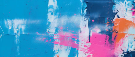 Messy paint strokes and smudges on an old painted wall. Pink, purple, blue colorの素材