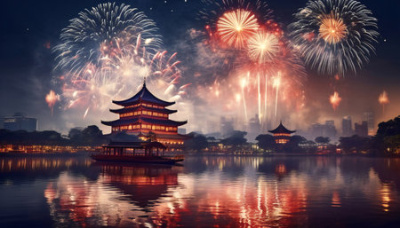 Fireworks and Festivities Photograph of Chinese new year fireworks celebrations on the chineseの素材