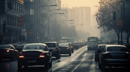 Cars on road with lights on in foggy weatherの素材