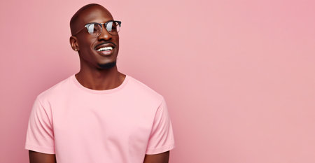 African american man wearing optical glasses t-shirt. man Isolated pink background with copy space.の素材