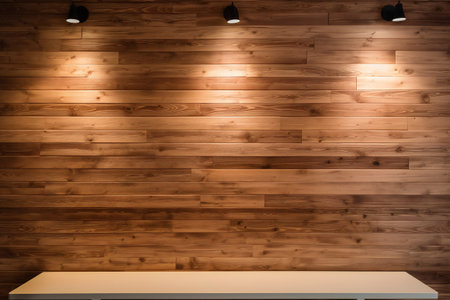 Wooden wall with lights turned on in the darkの素材
