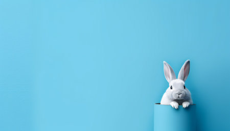 Easter white bunny in a blue top hat on a blue wall background. For Easter advertising with copy spaceの素材