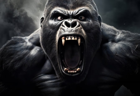 Close-up of a furious gorilla baring its teeth and glaring intensely in the wildの素材