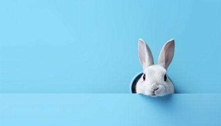 Easter bunny peeps out of the blue wall. 3d rendering Copy spaceの素材