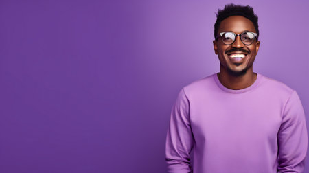 Young happy African American teen guy wearing purple sweatshirt on light purple backroundの素材