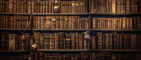 wall full old ancient books. large bookshelf or book case on the wall. Many books on the side.の素材