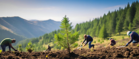 People planting new trees.Christmas tree. fir tree.の素材