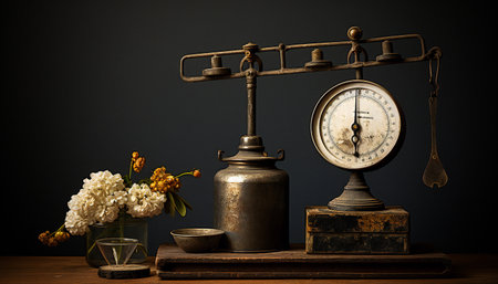 old weighing scale still life. scale on dark backgroundの素材