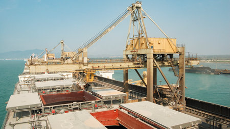 Cigading, Banten, Indonesia - November 20, 2006: ship cargo unloading process activities