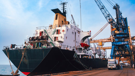 Cigading, Banten, Indonesia - May 12, 2013: Black and White harbor atmosphere when the ship docksのeditorial素材