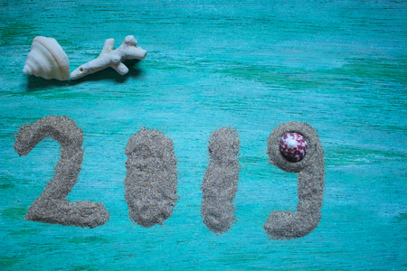 2019 Text With Beach Theme  Background on Green Backgroundの写真素材