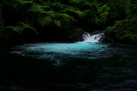 Tranquil and serene forest waterfall oasis surrounded by lush greenery and clear water pond in a...