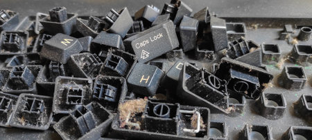 Pile of extremely dirty laptop keyboard tuts. Pile of keyboard tuts full of dust.の写真素材