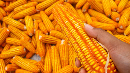 hand holding a bright yellow corn cob against a backdrop of many more, symbolizing the harvest...