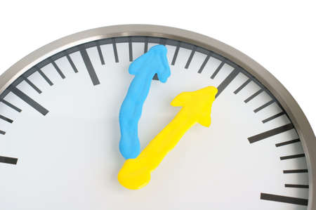 bright color drawn clock hands on a dial