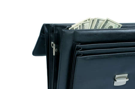 Banknotes in Black briefcase isolated on white background