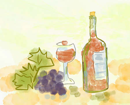 hand-drawing a bottle of wine, a glass of wine and a bunch of grapesの写真素材