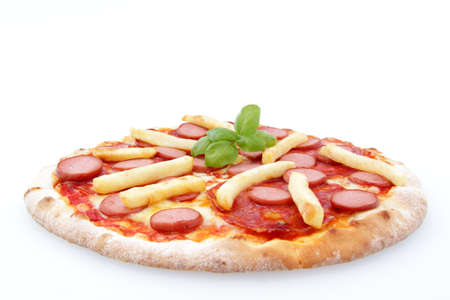 sausage pizza hot dog and french fries on white backgroundの写真素材