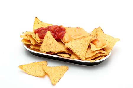 tortilla nachos with spicy sauce on a white background