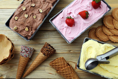 delicious ice cream handmade on kitchen table background