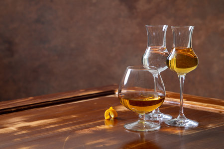 Two glasses of cognac on a wooden table. Selective focus.の写真素材