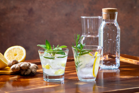 Cocktail with lemon, ginger, mint and ice on wooden tableの写真素材