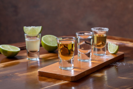 Tequila shots with lime and salt on a wooden board.の写真素材