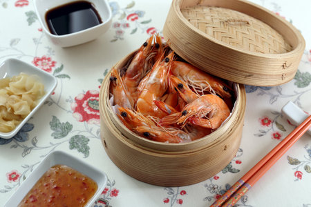 Chinese steamed prawns in bamboo steamer, closeupの写真素材