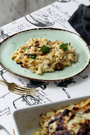 Risotto with mushrooms and cheese on a light background. Italian cuisineの写真素材