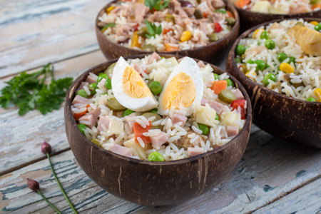 Close up of wooden bowls with boiled eggs, green peas, tuna and ham salad.の写真素材