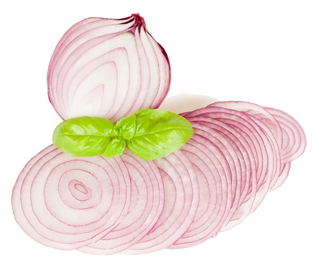 red onion: half and cut with rings isolated on white background の写真素材