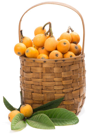 Loquat  fruit in basket isolated on a white backgroundの写真素材