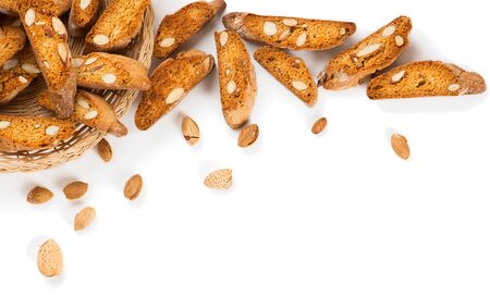 Traditional italian almond cookies biscotti,overhead view  isolated on white backgroundの写真素材