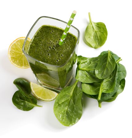 Green smoothie from spinach isolated on white backgroundの写真素材