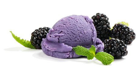 Blackberry ice cream with berries isolated on white background, close up shot.の写真素材