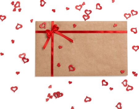 Top view of envelope and red hearts isolated on white background.   Valentine day concept.の写真素材
