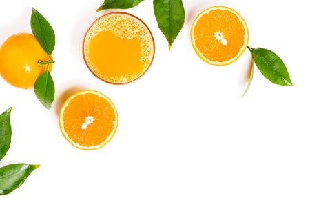  Top view of freshly squeezed orange juice with orange fruits with green leaves isolated on white background.の写真素材