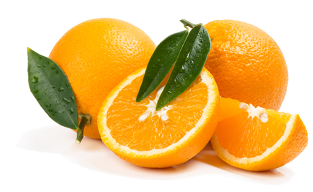 Orange fruits and slices with green leaves isolated on white background.の写真素材