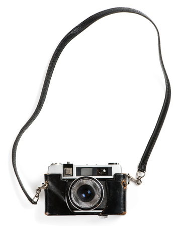 Top view of old film photo-camera isolated on white background.の写真素材