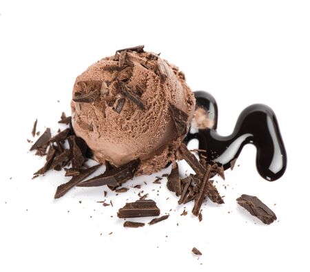 Chocolate ice cream scoop on chocolate sauce decorated with chocolate pieces isolated on white background. 
の写真素材