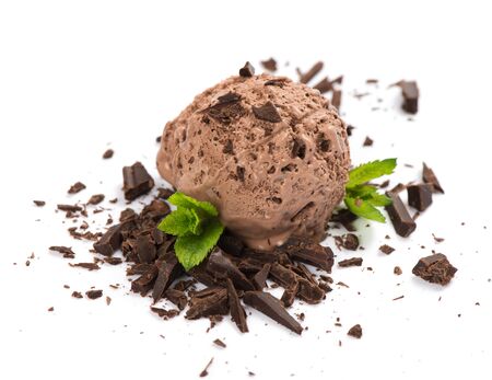 Chocolate ice cream ball on chocolate pieces decorated with mint isolated on white background. の写真素材