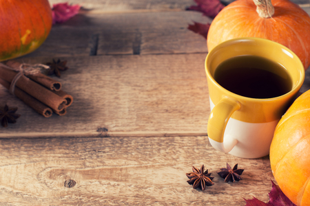 Cup of tea with pumpkins and cinnamon over wood texture. Copy spaceの写真素材