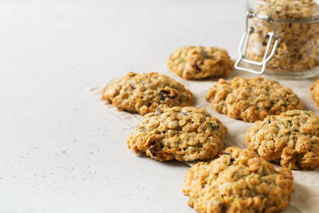Homemade oat cookies on white background, healthy snack, copy spaceの写真素材