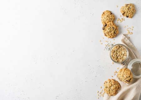 Homemade oat cookies on white background, healthy snack, copy spaceの写真素材